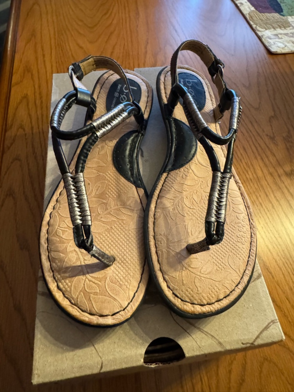 b.o.c. Black T-Strap Sandals with Tan Embossed Footbed
